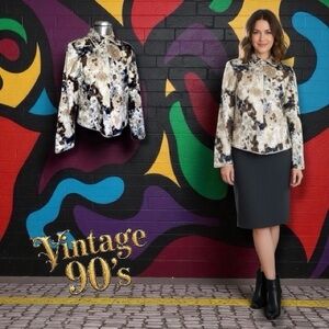 Anage Vintage 90s Blazer Beaded Sequins Beige Floral Print Jacket Women’s Size S